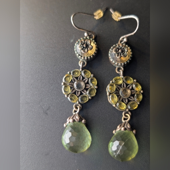 Artisan Green Glass Drop Earrings Oxidized Silver Boho Luxe 2 Inches - Picture 2 of 10